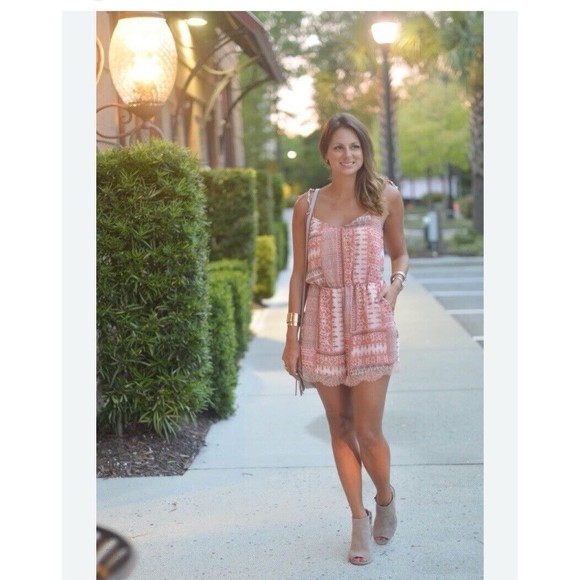 BCBG Maxazaria NWT Pink Rustic Lace Trim Spaghetti Strap Shorts Romper size med - Picture 1 of 11